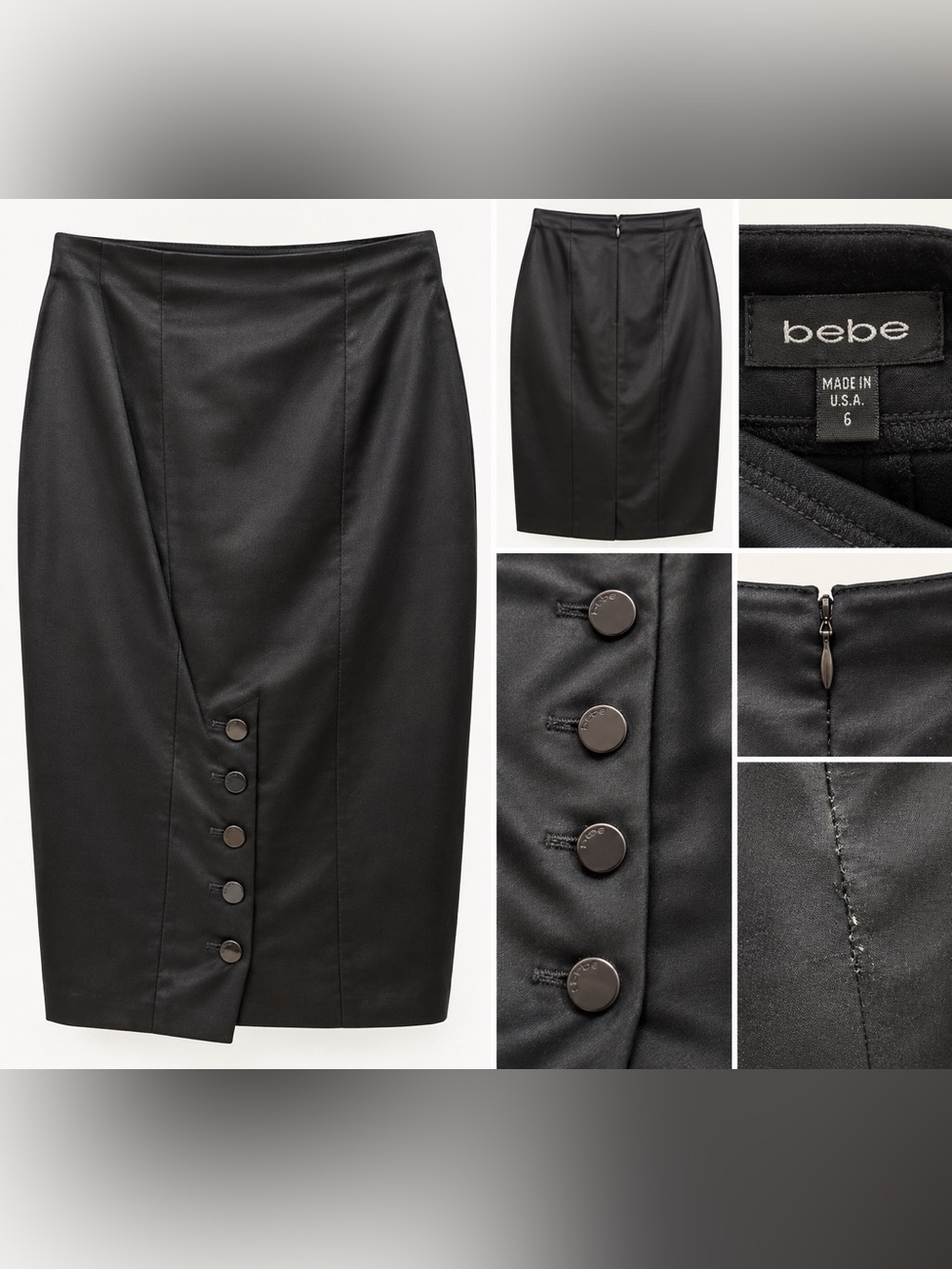 Bebe Black Satin Pencil Skirt Button Detail Size 6